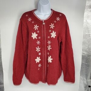 Croft & Barrow Women's L Red Snowflake Full Zip Cardigan Sweater  Christmas